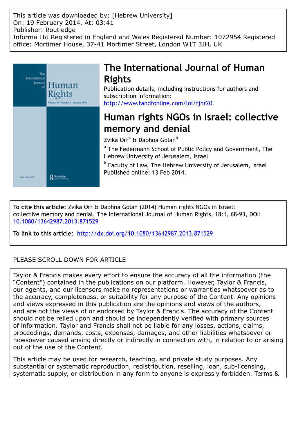 Human Rights Ngos in Israel: Collective Memory And