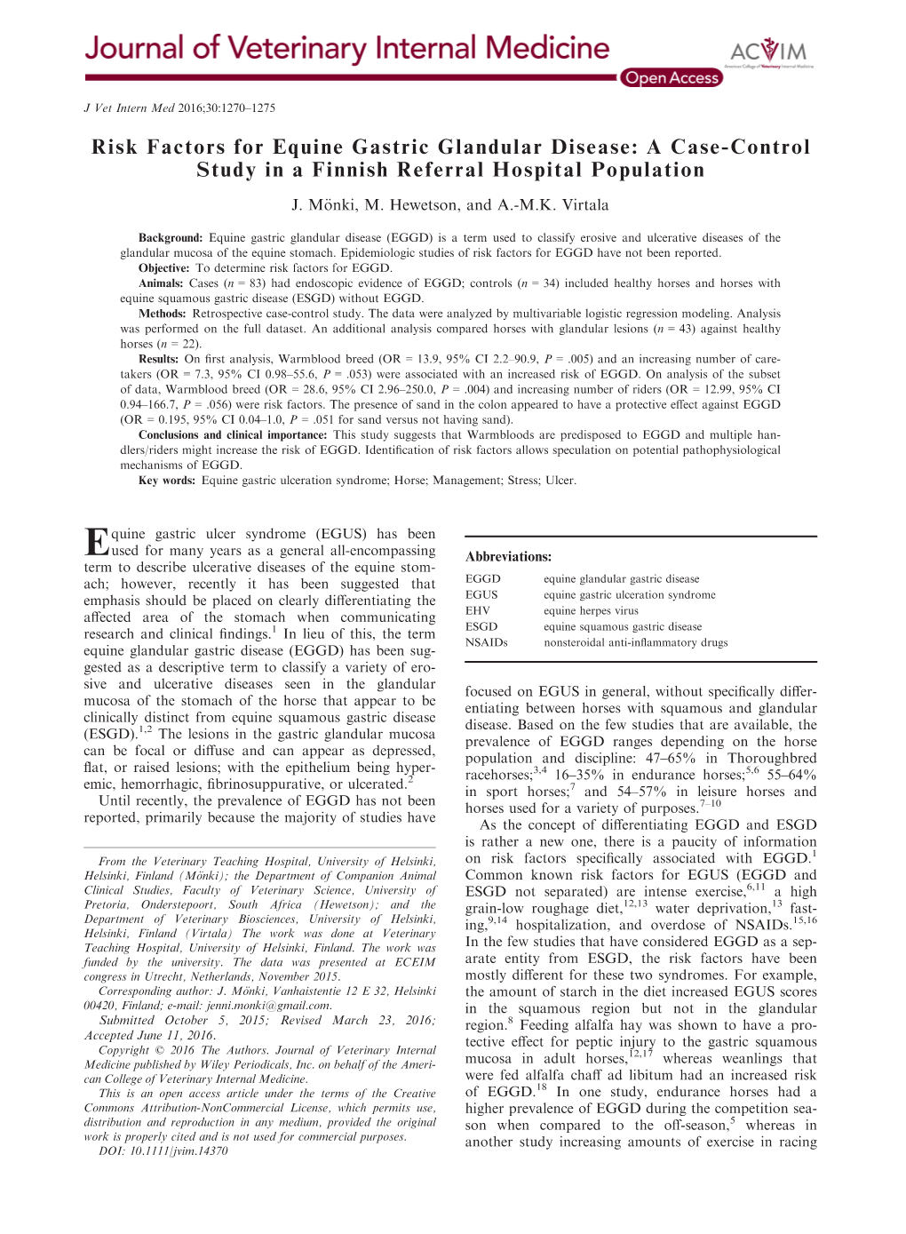 Risk Factors for Equine Gastric Glandular Disease: a Case-Control Study in a Finnish Referral Hospital Population