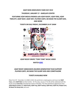 A$Ap Mob Announces Yams Day 2019 Thursday, January 17