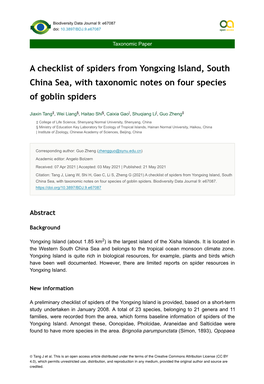 A Checklist of Spiders from Yongxing Island, South China Sea, with Taxonomic Notes on Four Species of Goblin Spiders