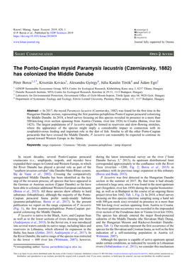 The Ponto-Caspian Mysid Paramysis Lacustris (Czerniavsky, 1882) Has Colonized the Middle Danube