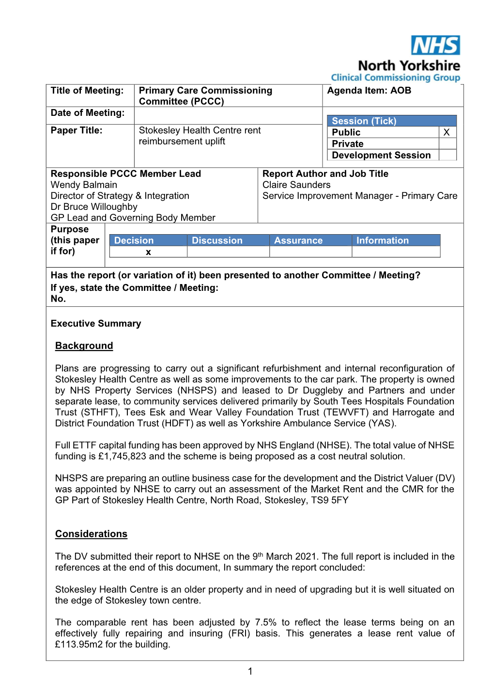 Stokesley Health Centre Rent Reimbursement Uplift Paper