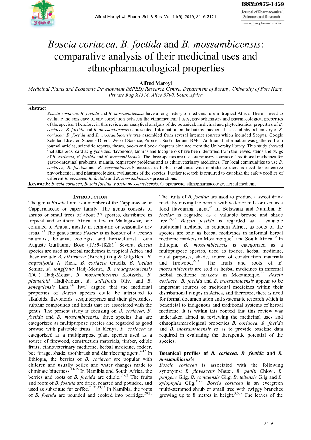 Boscia Coriacea, B. Foetida And B. Mossambicensis: Comparative Analysis ...