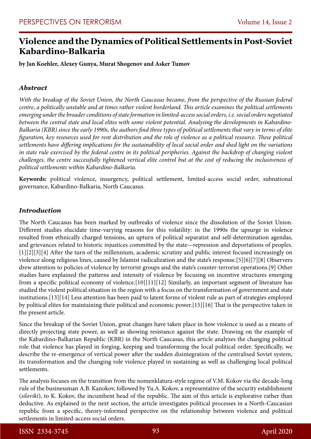 Violence and the Dynamics of Political Settlements in Post-Soviet Kabardino-Balkaria by Jan Koehler, Alexey Gunya, Murat Shogenov and Asker Tumov