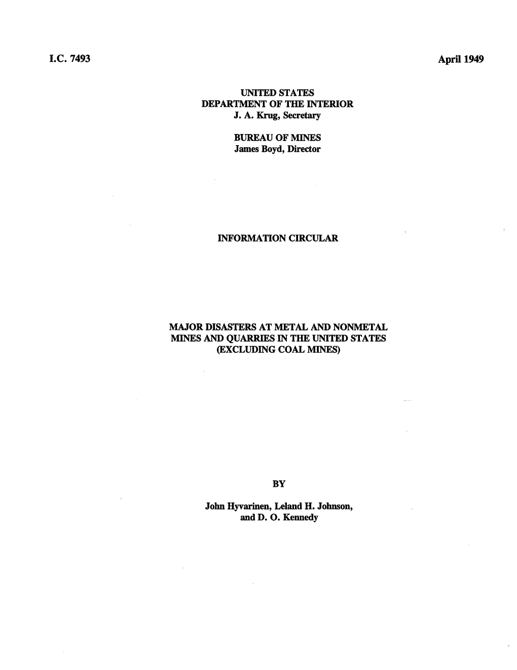 Major Disasters at Metal and Nonmetal Mines and Quarries in the United States (Excluding Coal Mines)