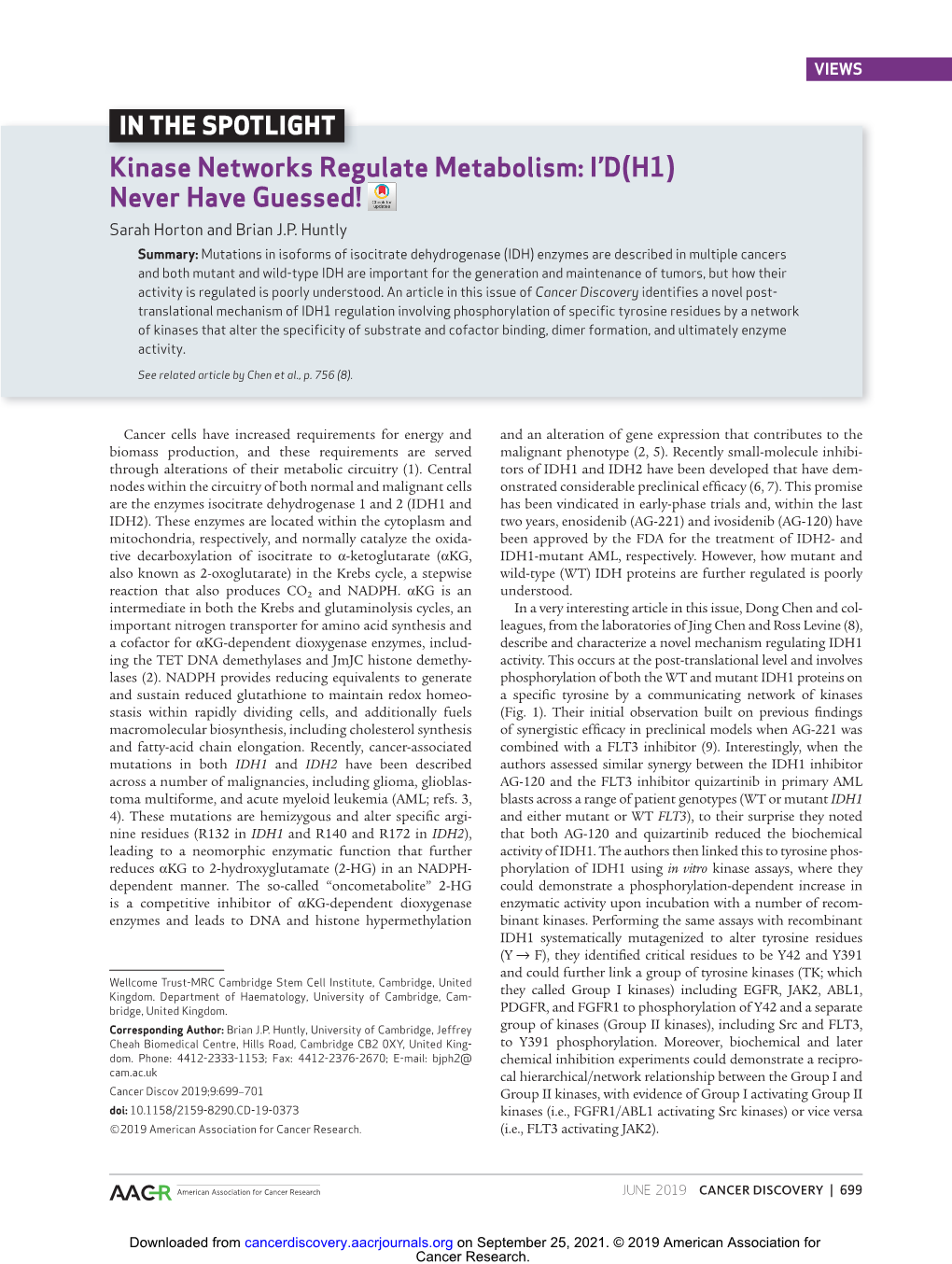 Kinase Networks Regulate Metabolism: I’D(H1) Never Have Guessed! Sarah Horton and Brian J.P