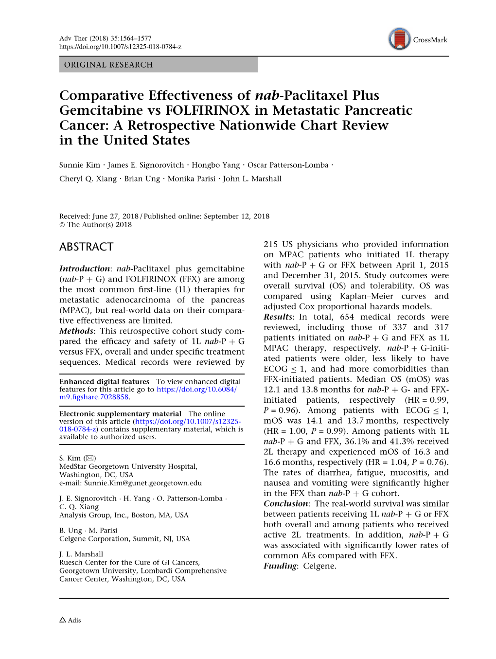 Comparative Effectiveness of Nab-Paclitaxel Plus Gemcitabine Vs