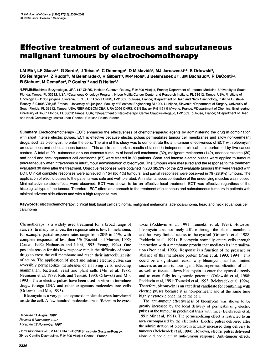 Effective Treatment of Cutaneous and Subcutaneous Malignant Tumours by Electrochemotherapy