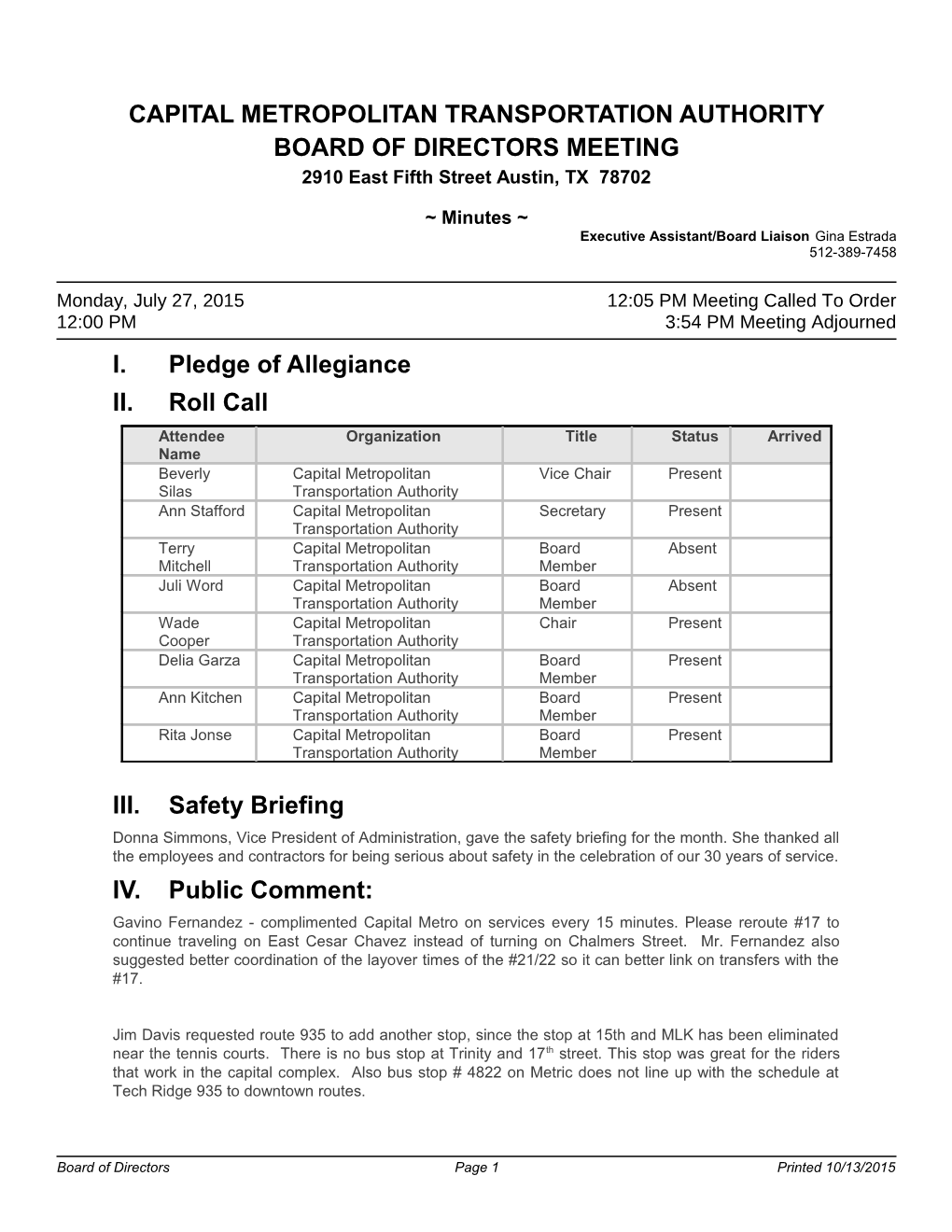 Board of Directors - Regular Meeting - Jul 27, 2015 12:00 PM