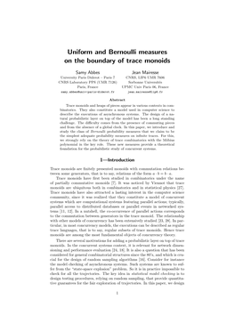 Uniform and Bernoulli Measures on the Boundary of Trace Monoids