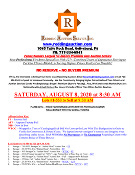 SATURDAY, AUGUST 8, 2020 at 8:30 AM Lots #1-550 to Sell at 9:30 AM