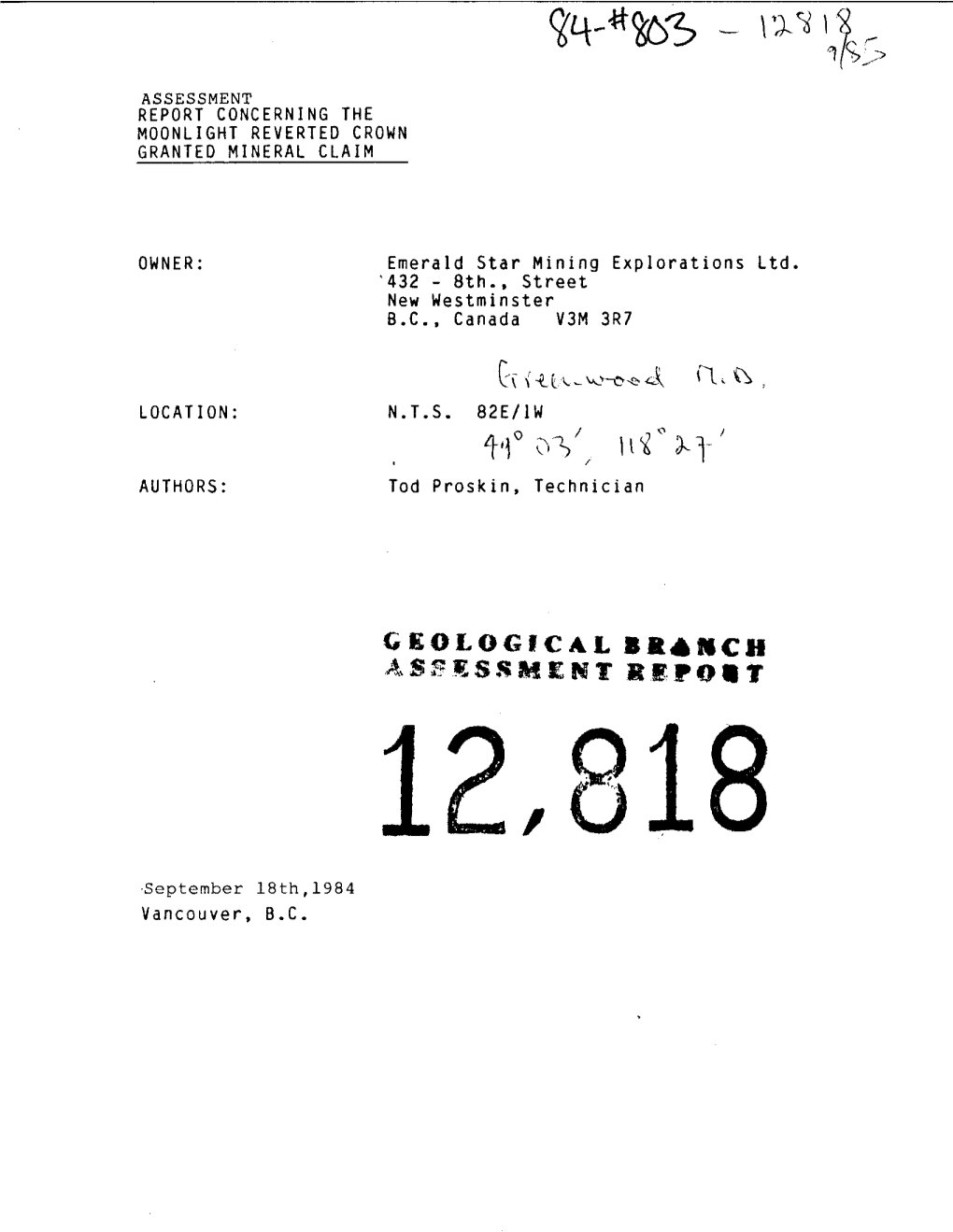 Assessment Report Concerning the Moonlight Reverted Crown Granted Mineral Claim