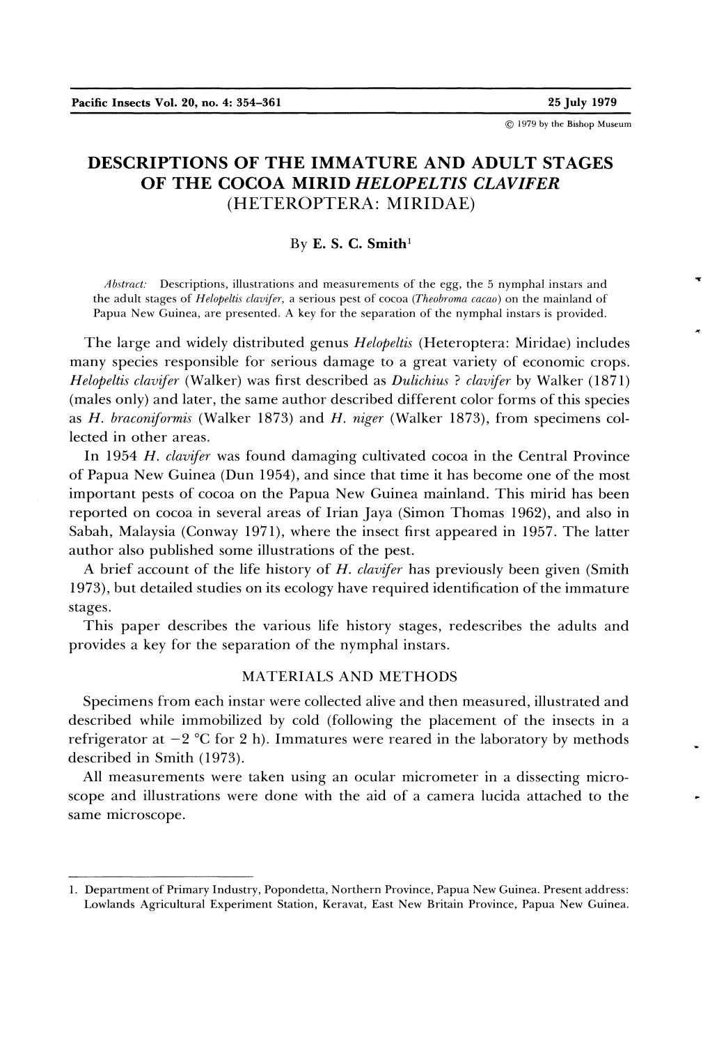 Descriptions of the Immature and Adult Stages of the Cocoa Mirid Helopeltis Clavifer (Heteroptera: Miridae)