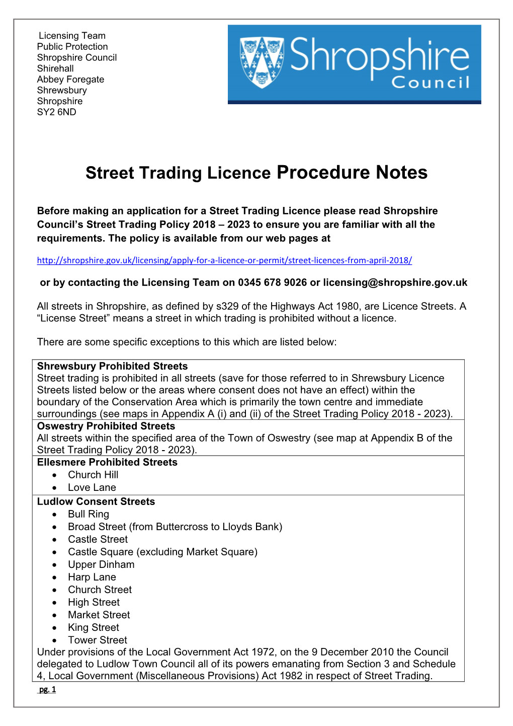 Street Trading Licence Procedure Notes