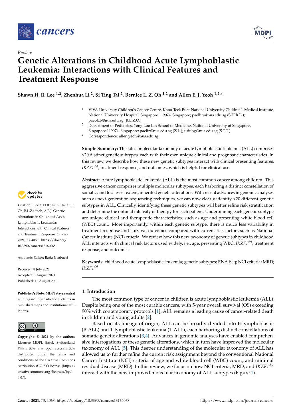 Genetic Alterations in Childhood Acute Lymphoblastic Leukemia: Interactions with Clinical Features and Treatment Response