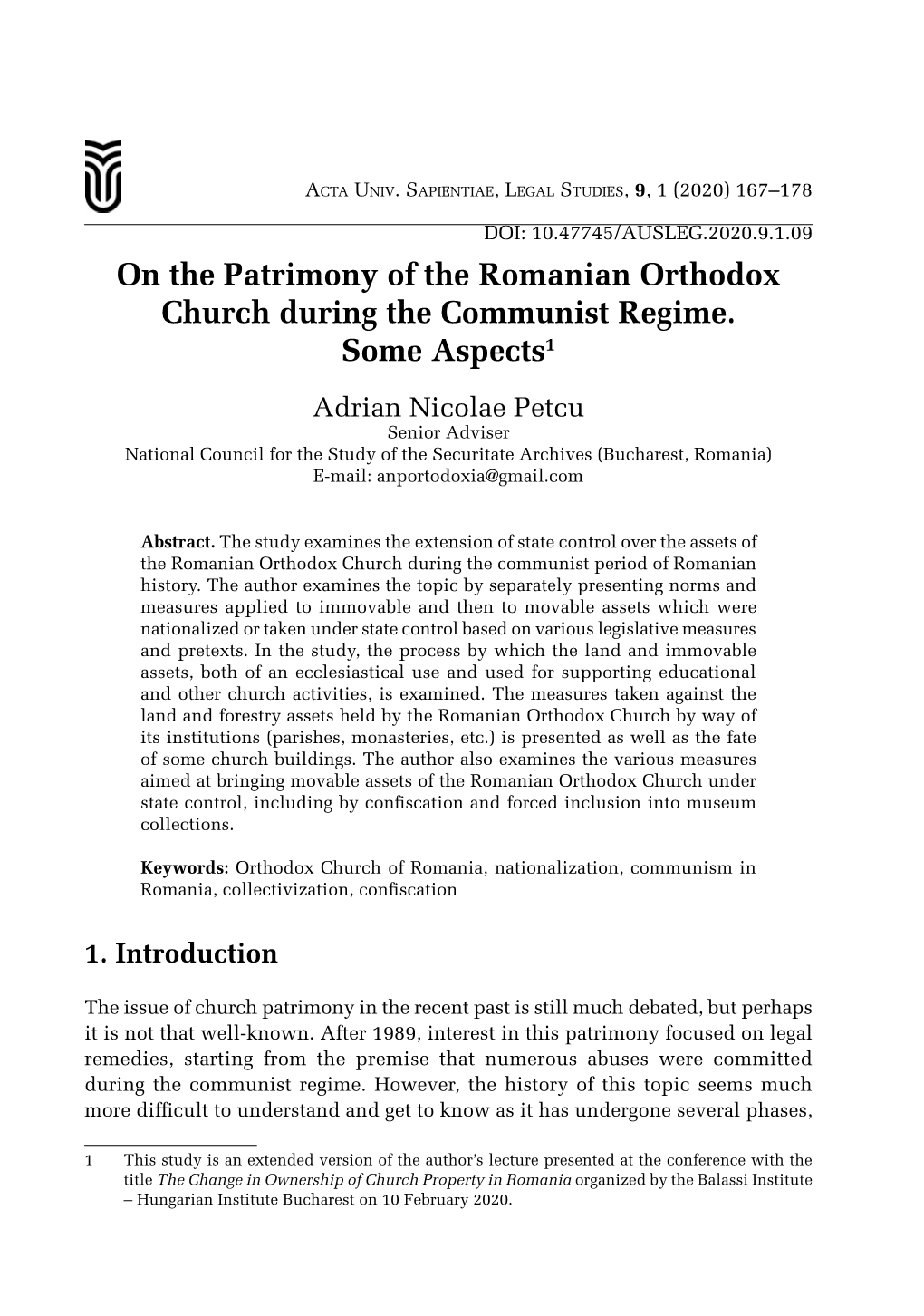 On the Patrimony of the Romanian Orthodox Church During the Communist Regime. Some Aspects1