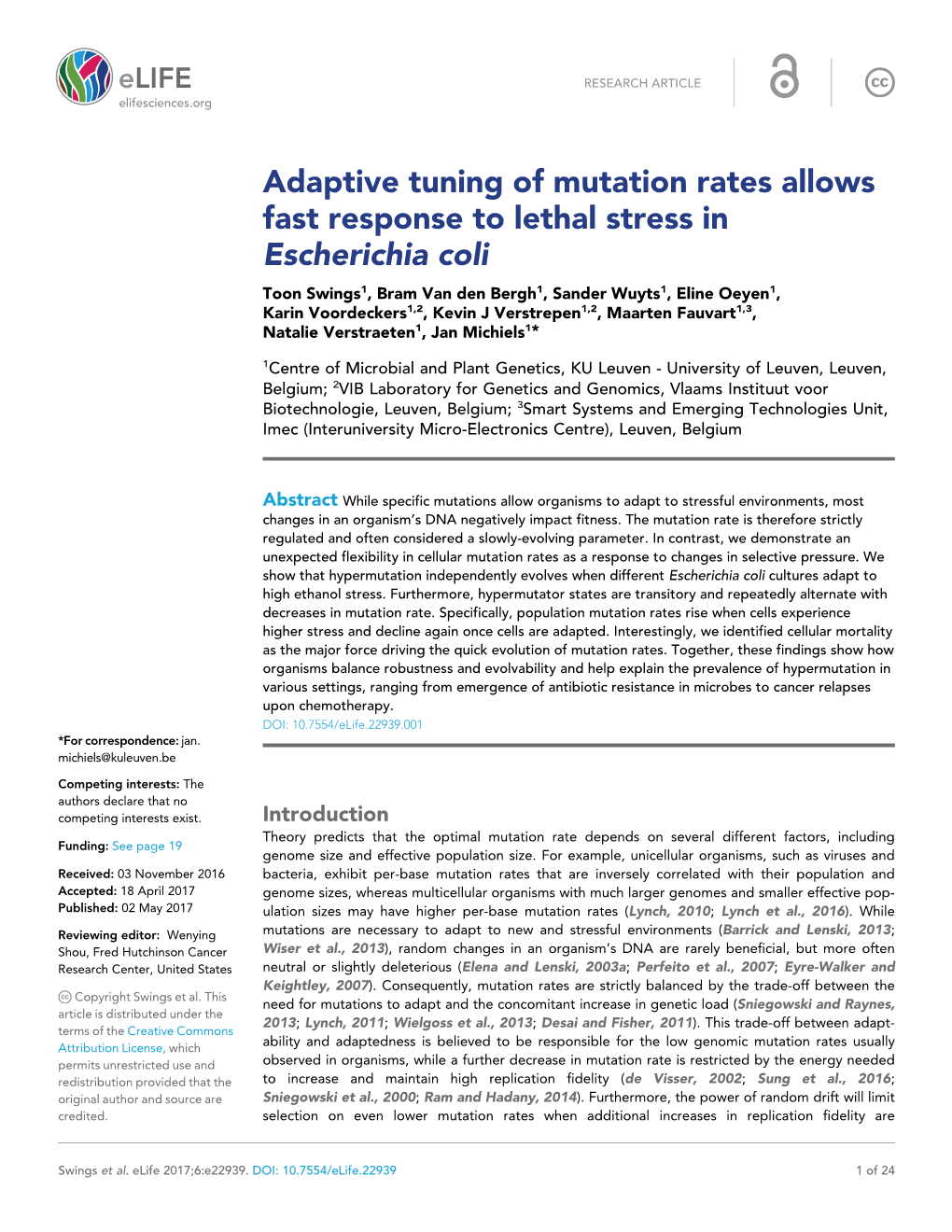 Adaptive Tuning of Mutation Rates Allows Fast Response to Lethal Stress in Escherichia Coli