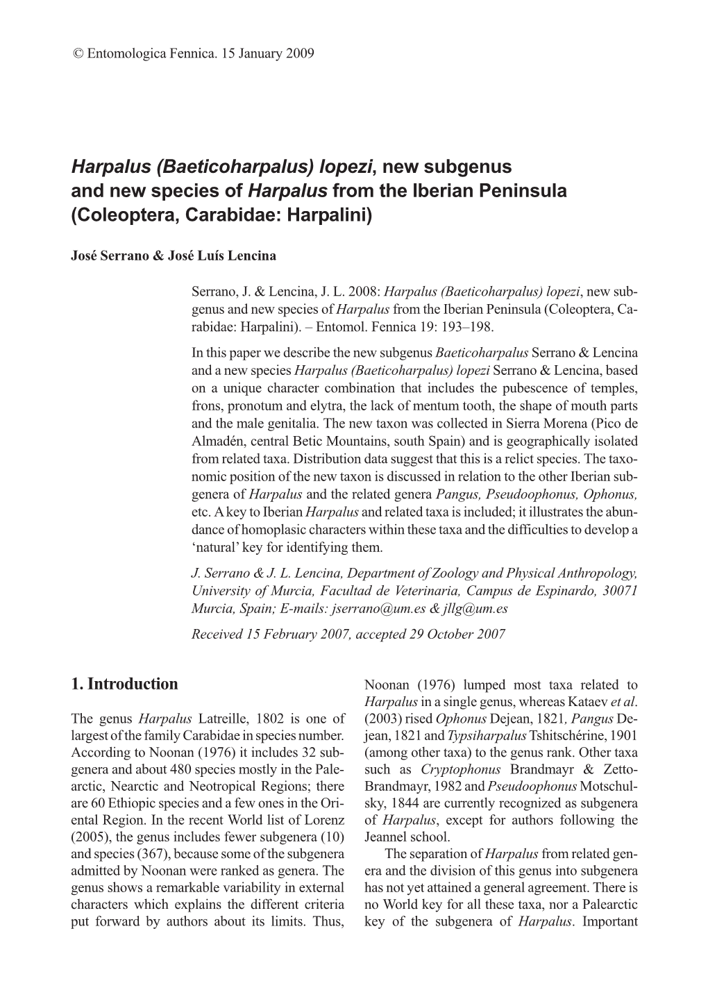 Harpalus (Baeticoharpalus) Lopezi, New Subgenus and New Species of Harpalus from the Iberian Peninsula (Coleoptera, Carabidae: Harpalini)