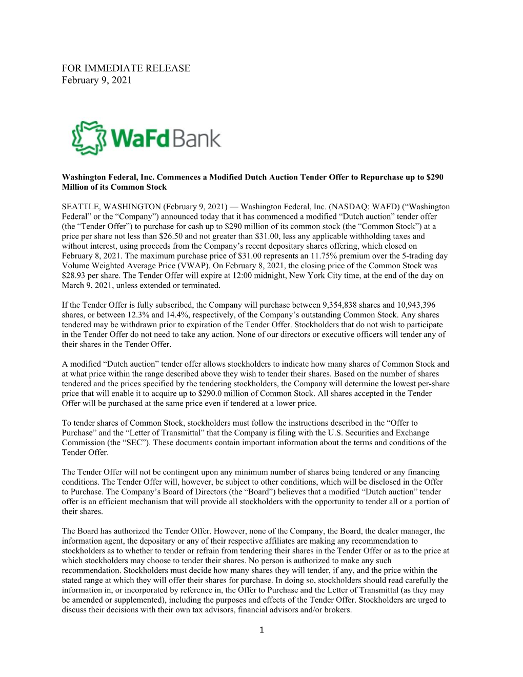 Washington Federal, Inc. Commences a Modified Dutch Auction Tender Offer to Repurchase up to $290 Million of Its Common Stock