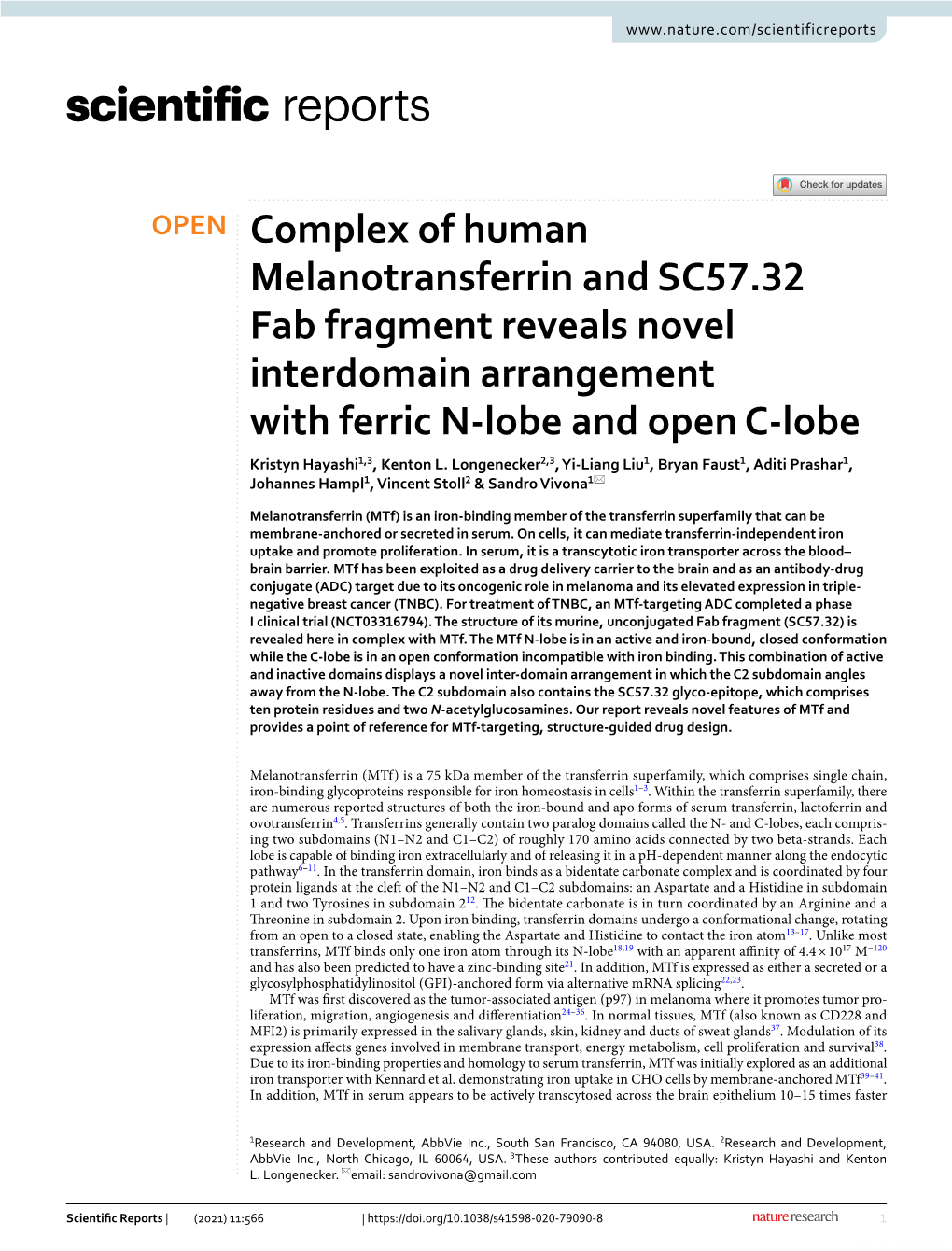 Complex of Human Melanotransferrin and SC57.32 Fab Fragment Reveals Novel Interdomain Arrangement with Ferric N-Lobe and Open C