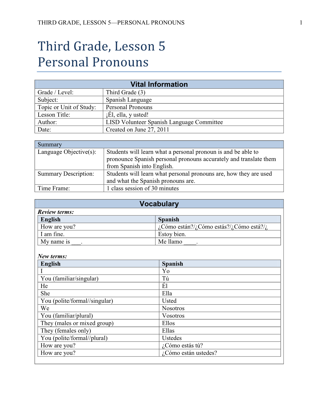 Third Grade, Lesson 5 Personal Pronouns