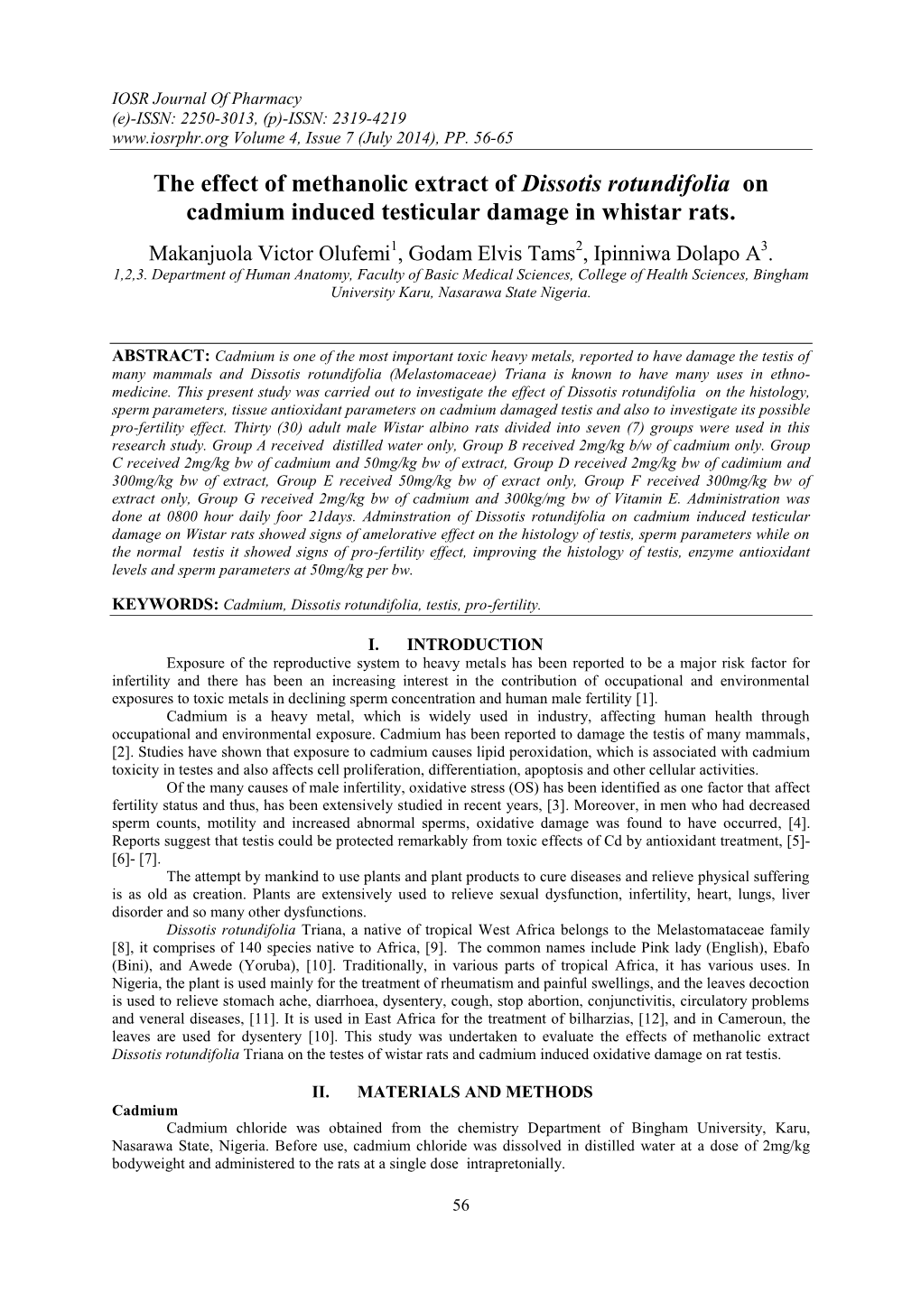 The Effect of Methanolic Extract of Dissotis Rotundifolia on Cadmium Induced Testicular Damage in Whistar Rats