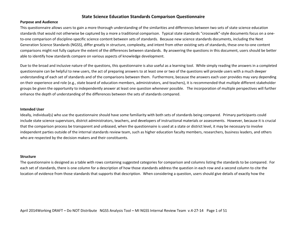 State Science Education Standards Comparison Questionnaire