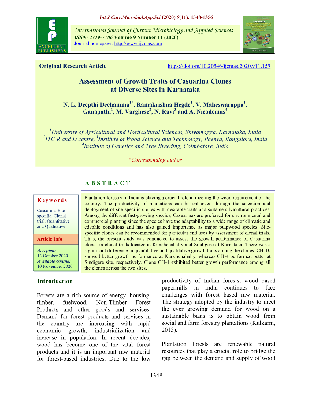 Assessment of Growth Traits of Casuarina Clones at Diverse Sites in Karnataka