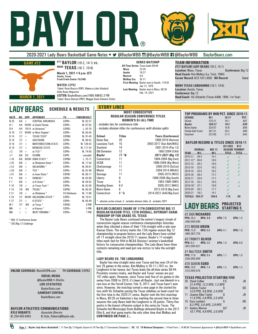 2020-2021 Lady Bears Basketball Game Notes • @Baylorwbb @Baylorwbb @Baylorwbb Baylorbears.Com STORY LINES