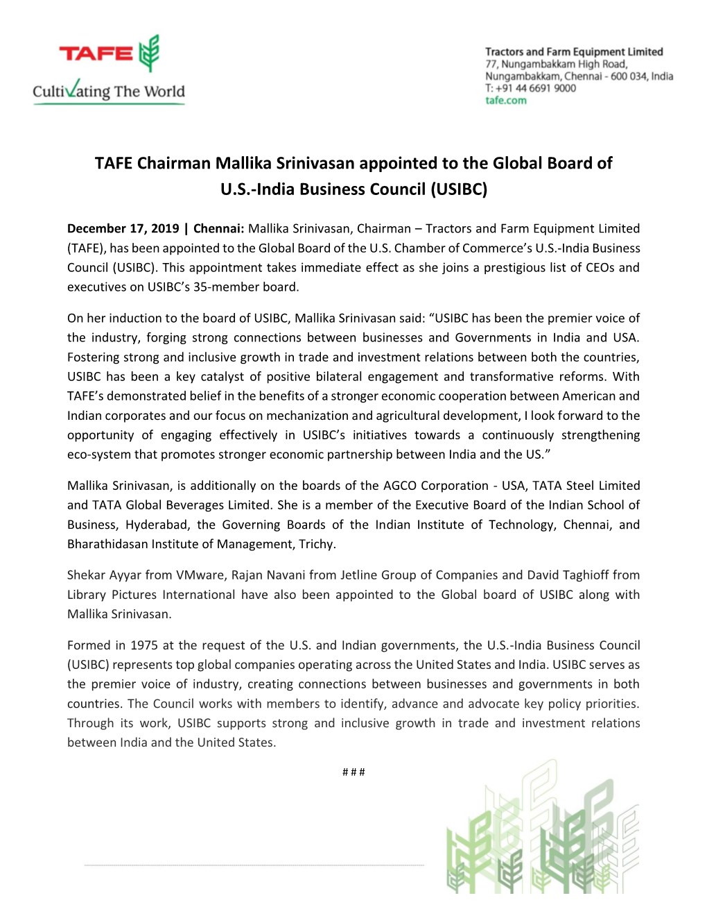 TAFE Chairman Mallika Srinivasan Appointed to the Global Board of U.S.-India Business Council (USIBC)