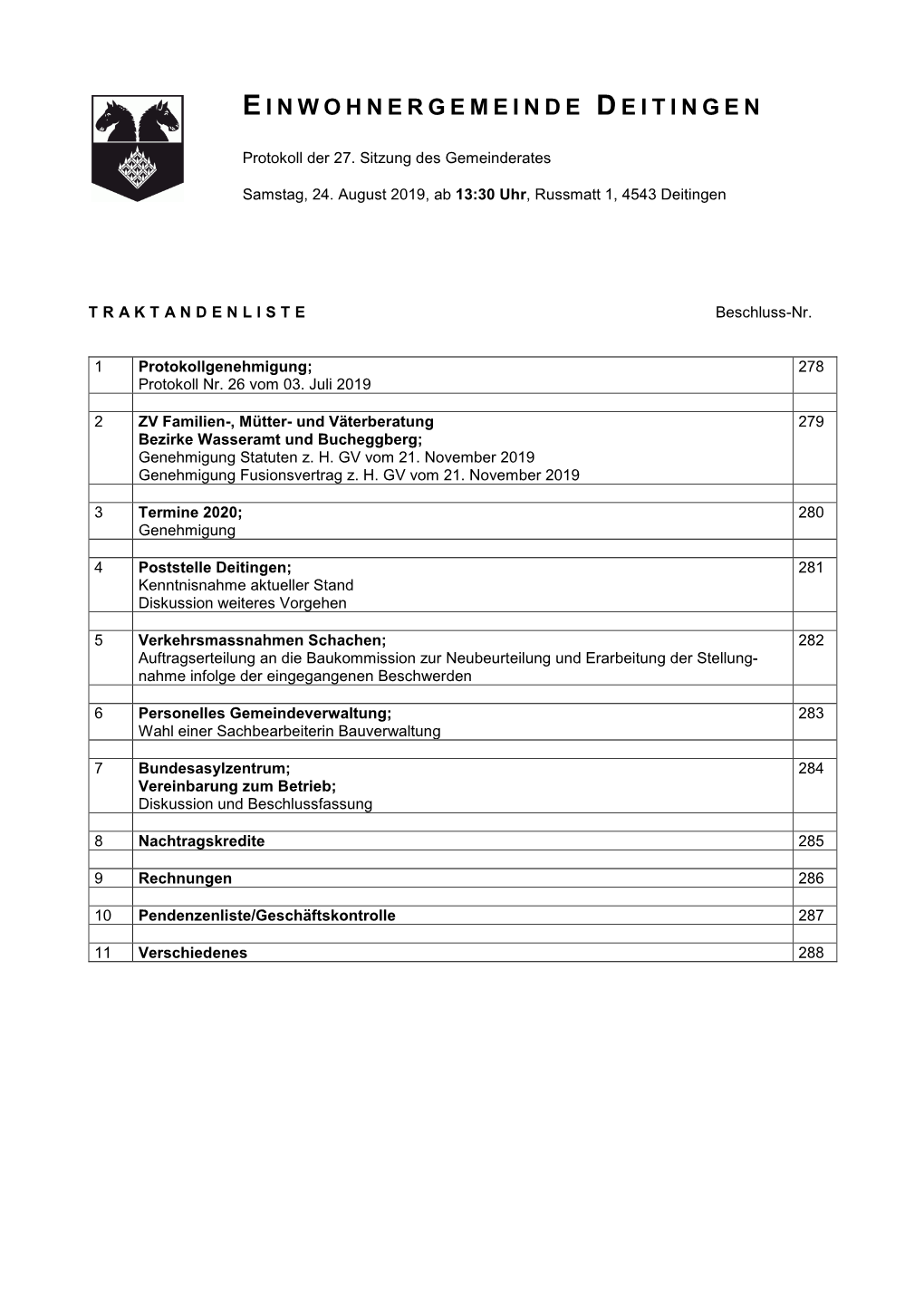 Einwohnergemeinde Deitingen Und Die Zustellung Der Entsprechenden Akten Bis 30