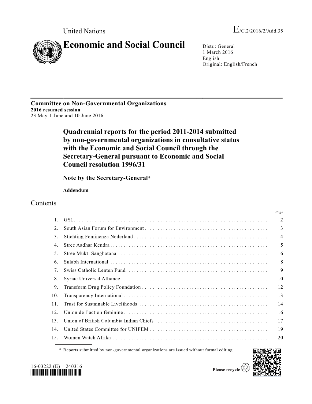 Economic and Social Council Distr.: General 1 March 2016 English Original: English/French