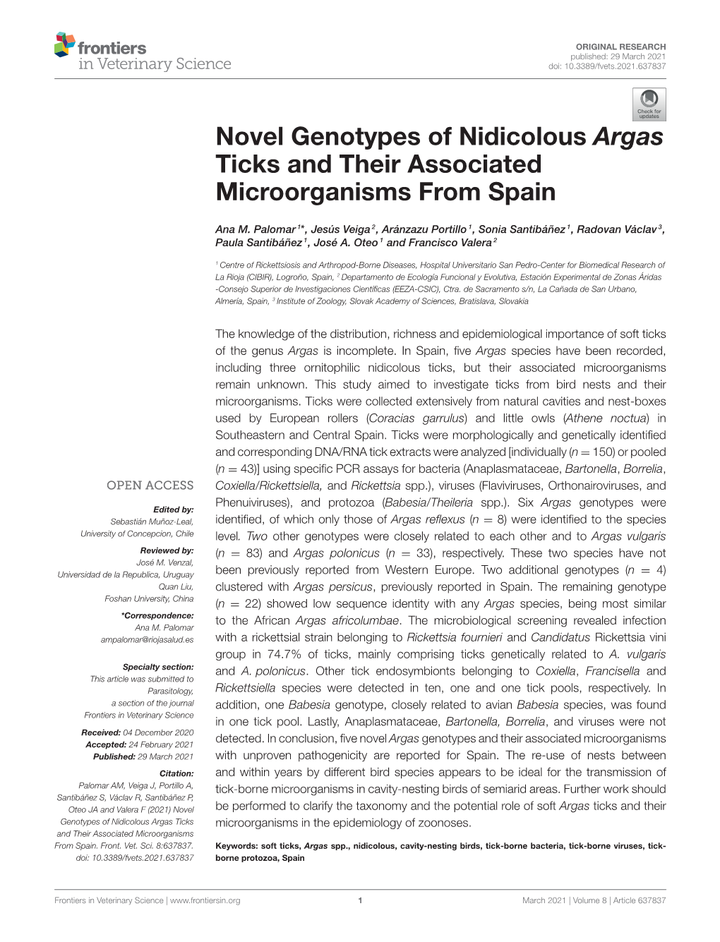 Novel Genotypes of Nidicolous Argas Ticks and Their Associated Microorganisms from Spain