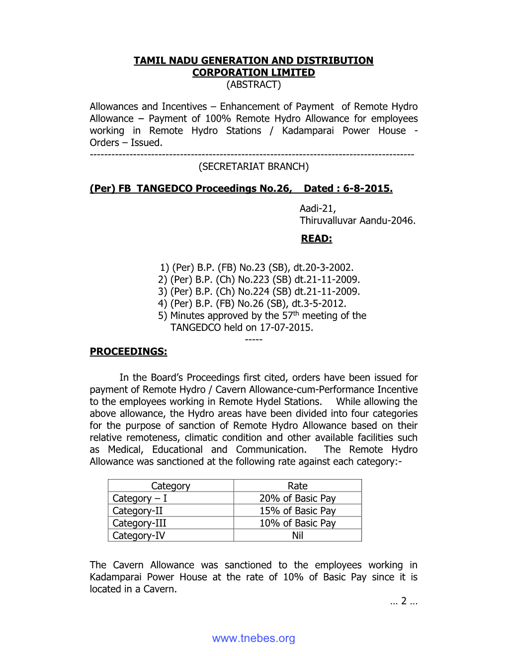 Payment of 100% Remote Hydro Allowance for Employees Working in Remote Hydro Stations / Kadamparai Power House - Orders – Issued