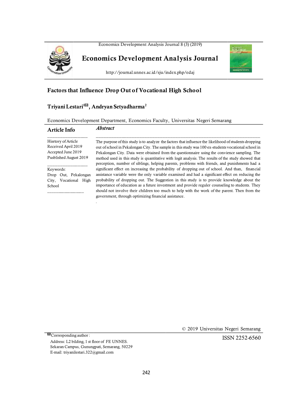 Economics Development Analysis Journal 8 (3) (2019)