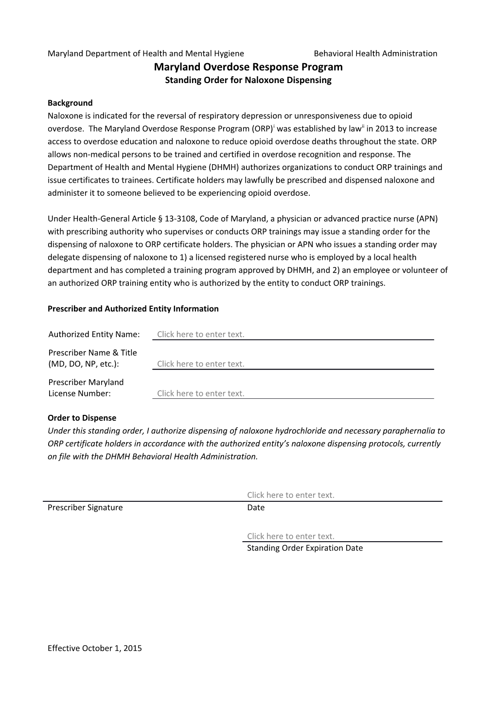 Standing Order for Naloxone Dispensing