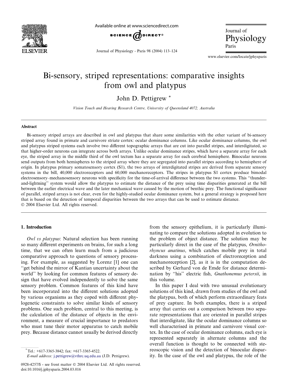 Bi-Sensory, Striped Representations: Comparative Insights from Owl and Platypus John D