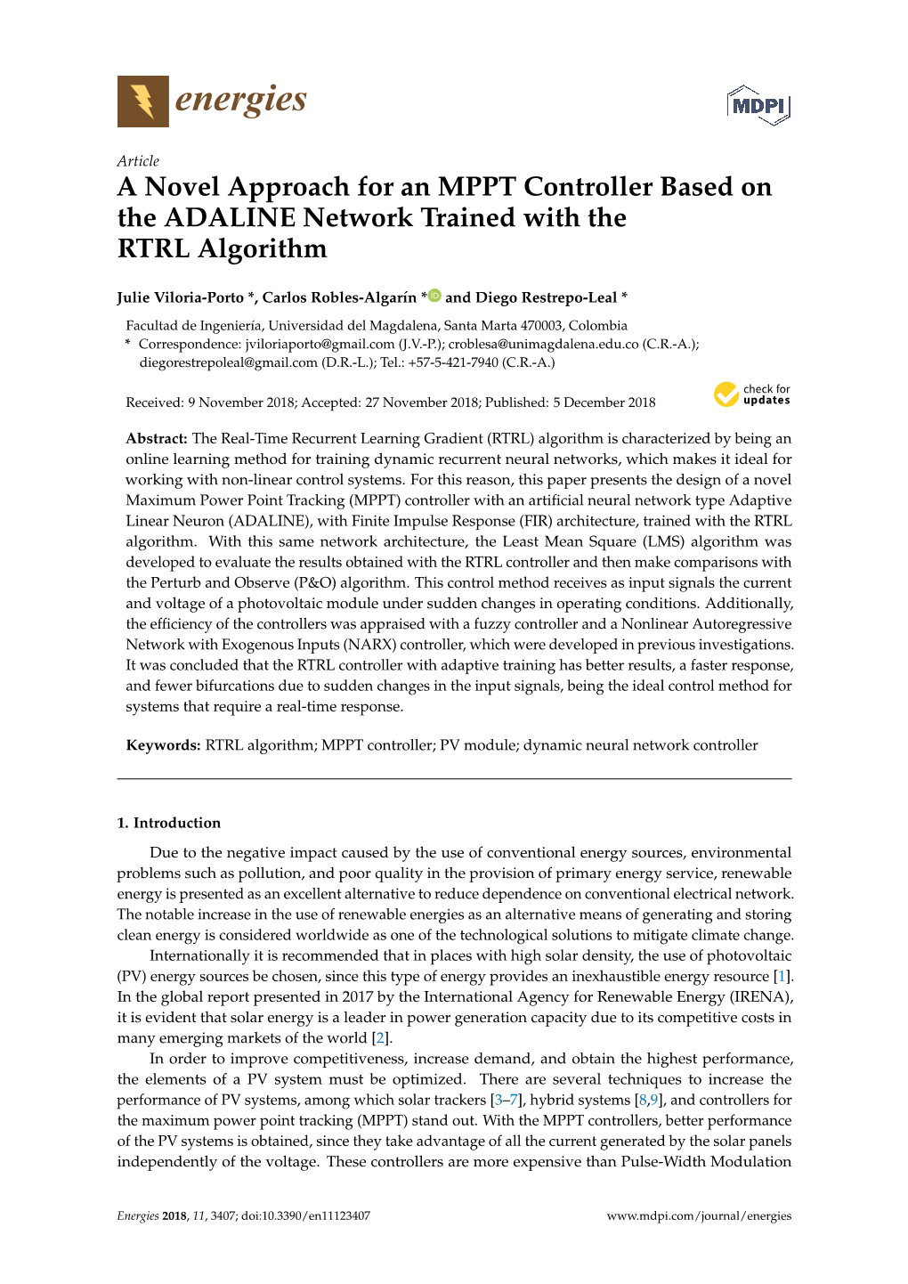 A Novel Approach for an MPPT Controller Based on the ADALINE Network Trained with the RTRL Algorithm