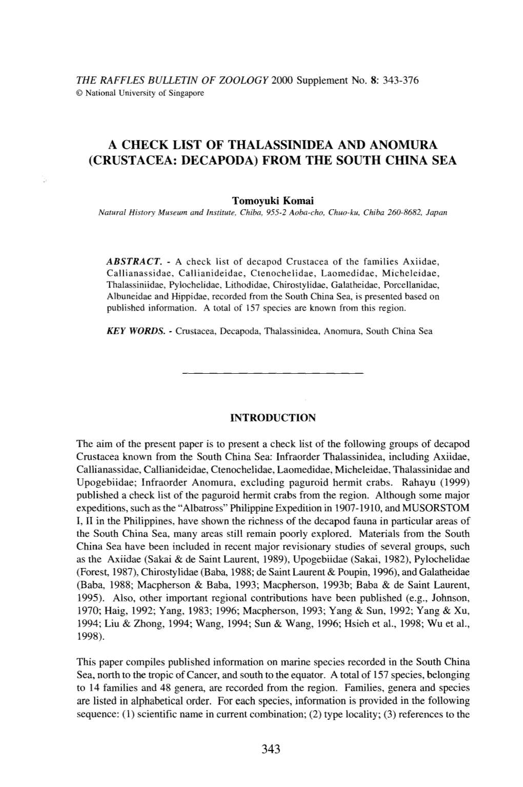 A Check List of Thalassinidea and Anomura (Crustacea: Decapoda) from the South China Sea