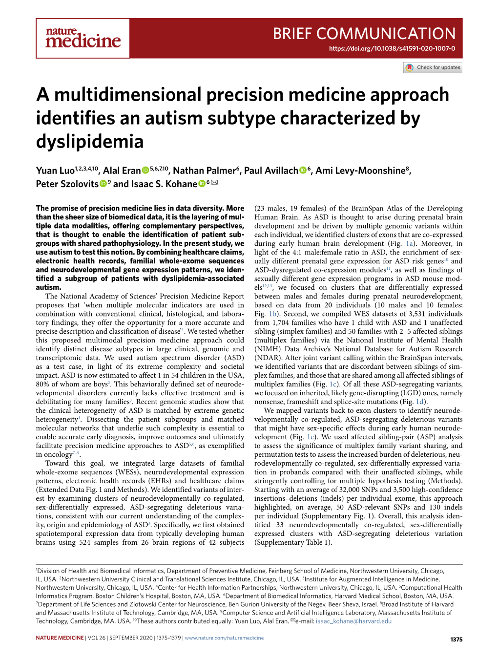 A Multidimensional Precision Medicine Approach Identifies an Autism Subtype Characterized by Dyslipidemia