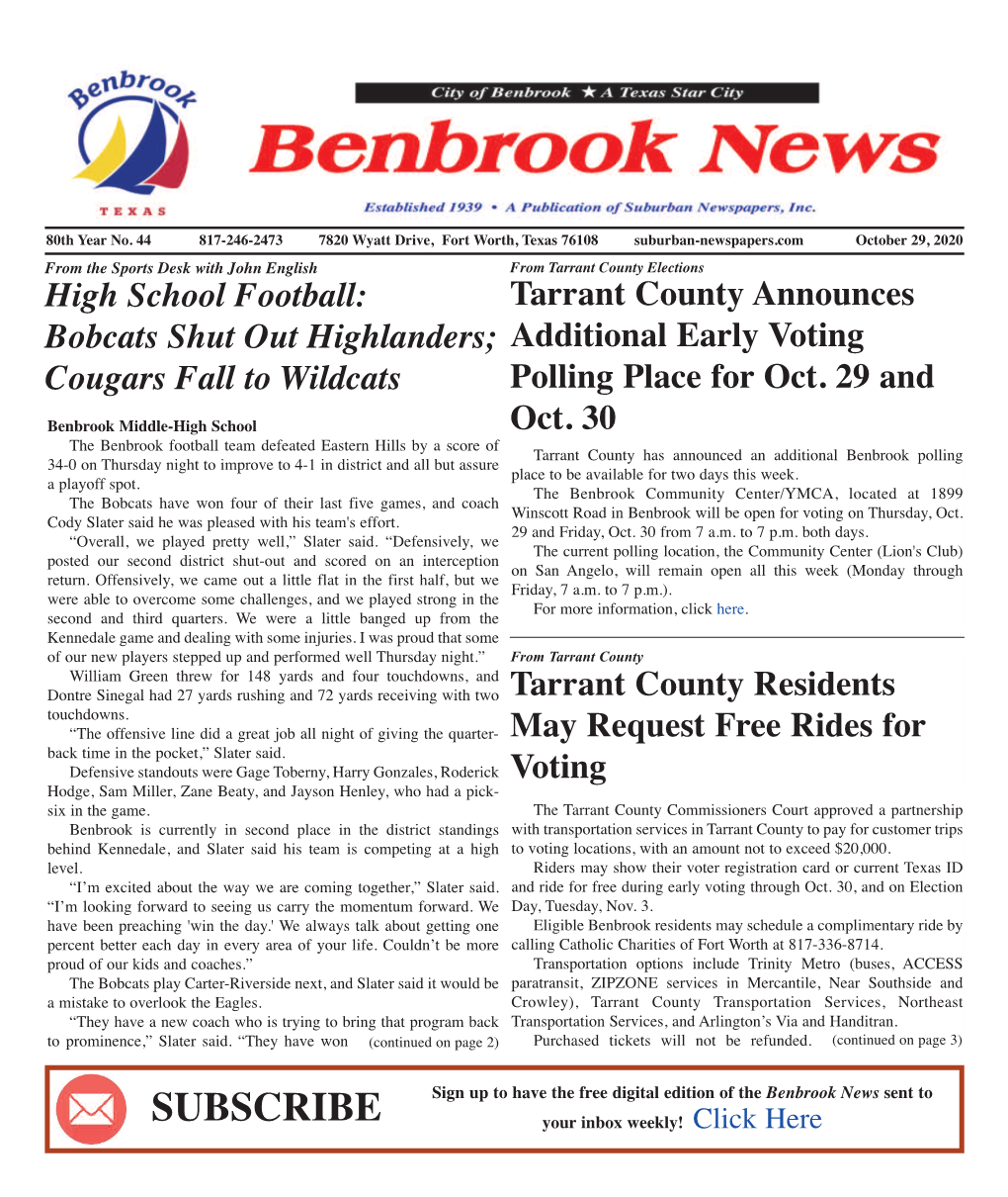 SUBSCRIBE Your Inbox Weekly! Click Here Suburban Newspapers, Inc October 29, 2020, PAGE 2 High School HAPPY HALLOWEEN! CLASSIFIEDS Football (Continued from Page 1)