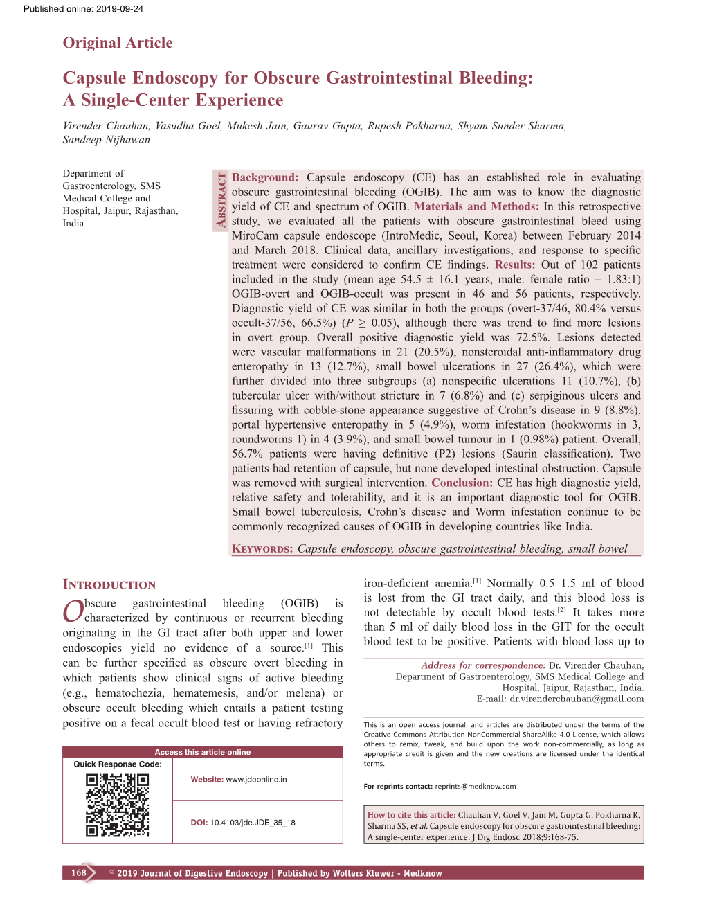 Capsule Endoscopy for Obscure Gastrointestinal Bleeding: a Single