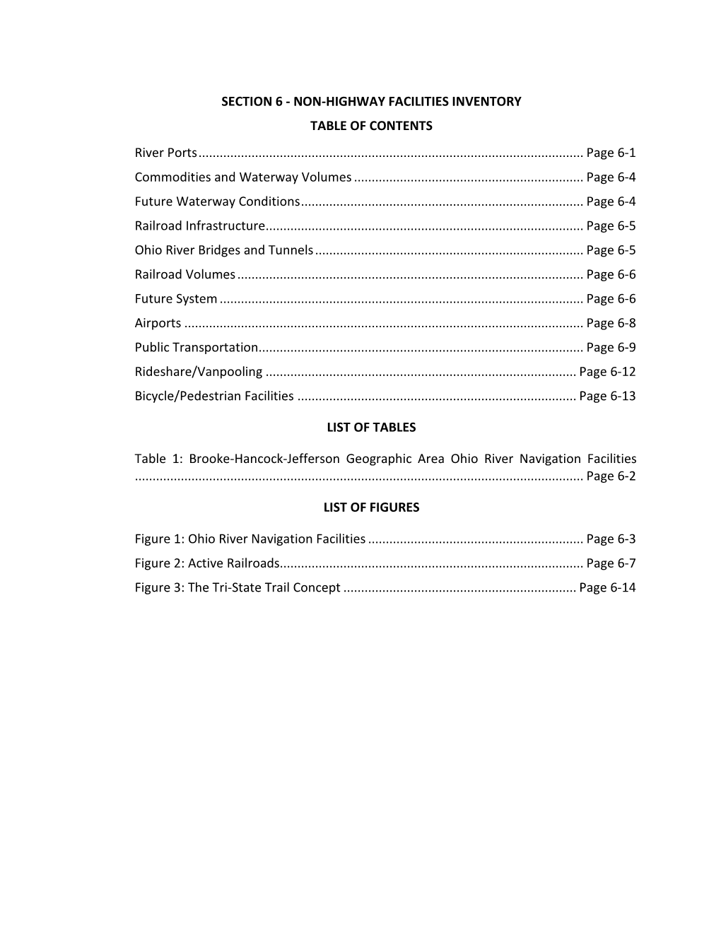 NON-HIGHWAY FACILITIES INVENTORY TABLE of CONTENTS River Ports