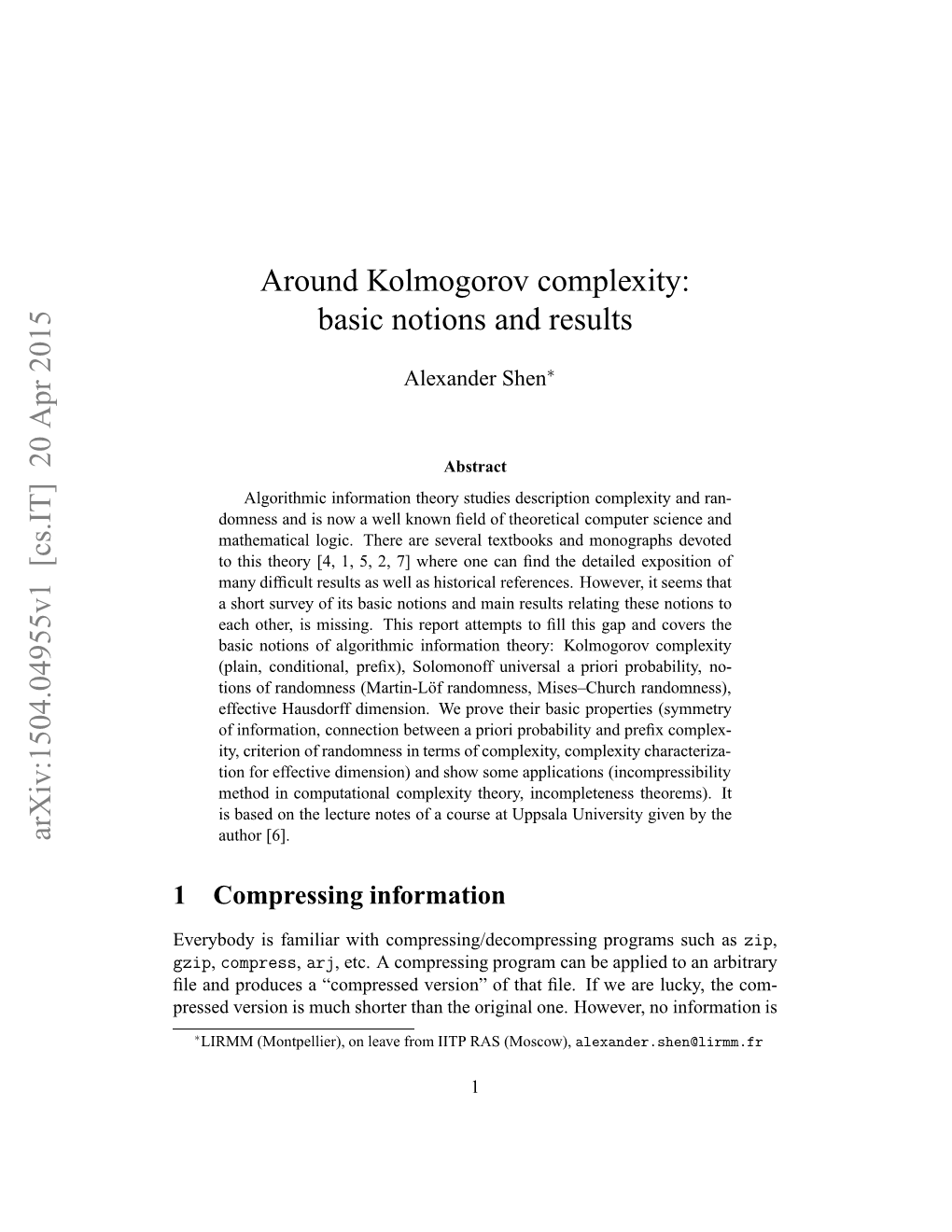 Around Kolmogorov Complexity: Basic Notions and Results