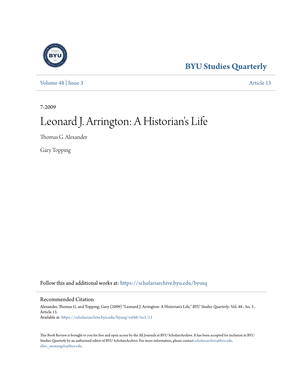 Leonard J. Arrington: a Historian's Life Thomas G