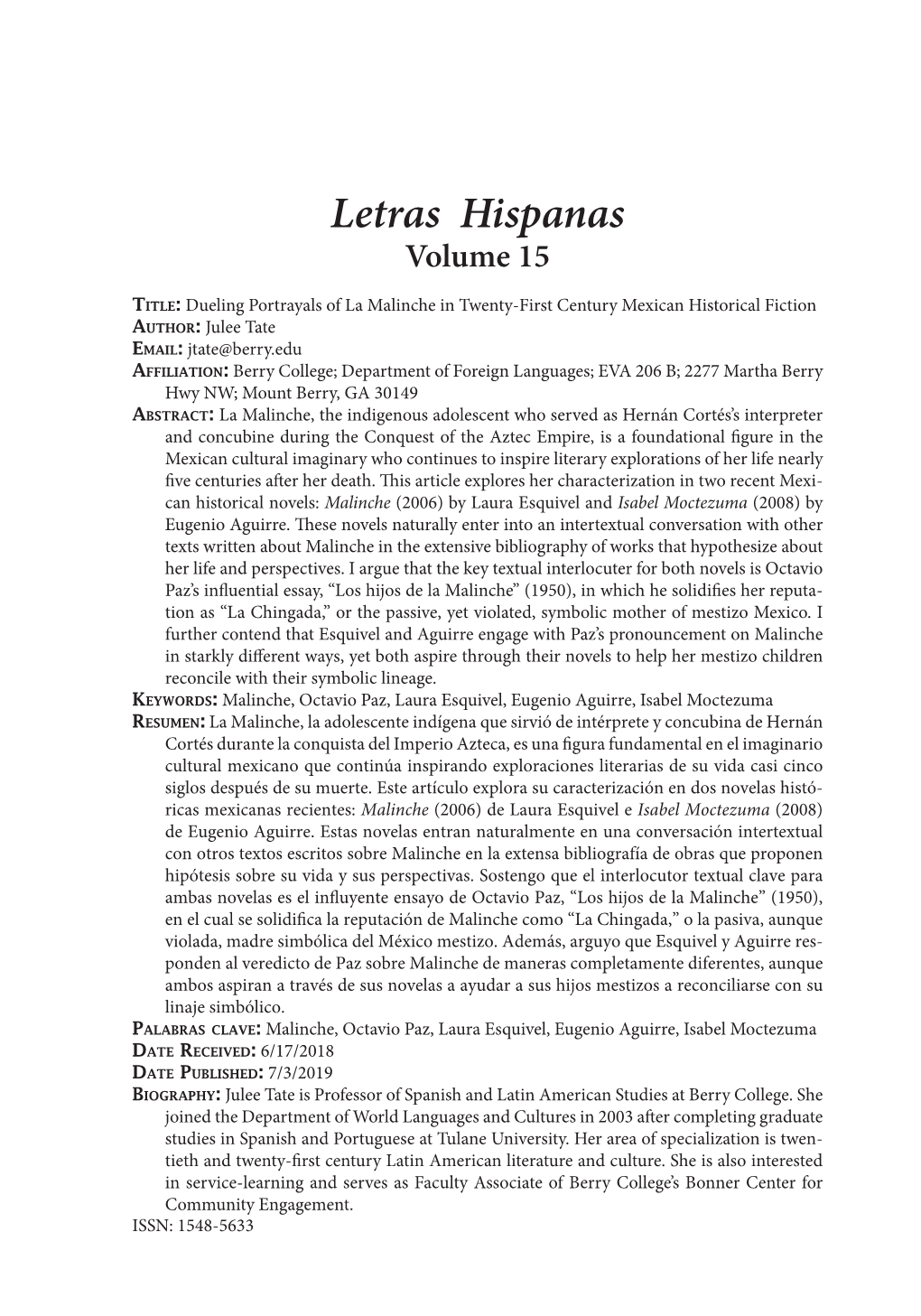 Letras Hispanas Volume 15
