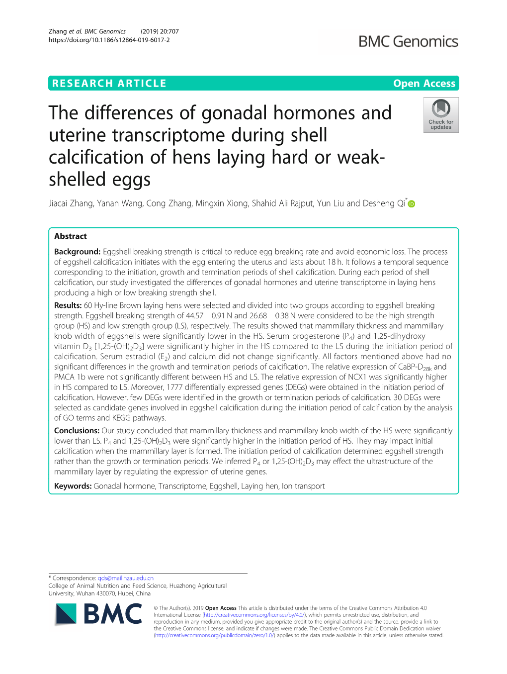 The Differences of Gonadal Hormones and Uterine Transcriptome During Shell Calcification of Hens Laying Hard Or Weak-Shelled