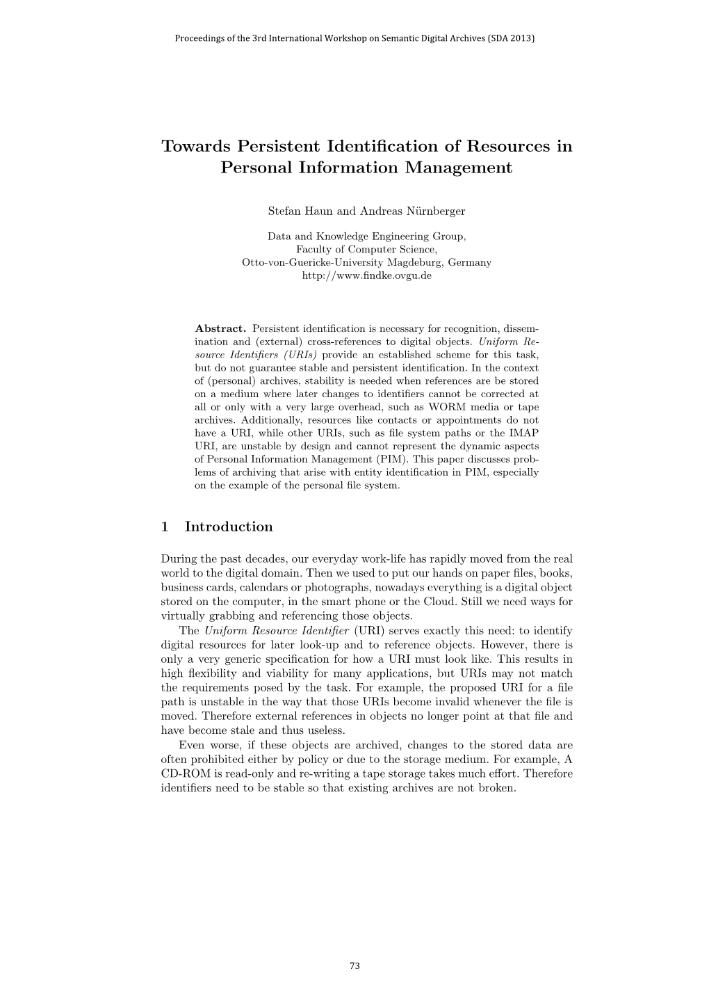 Towards Persistent Identification of Resources in Personal Information