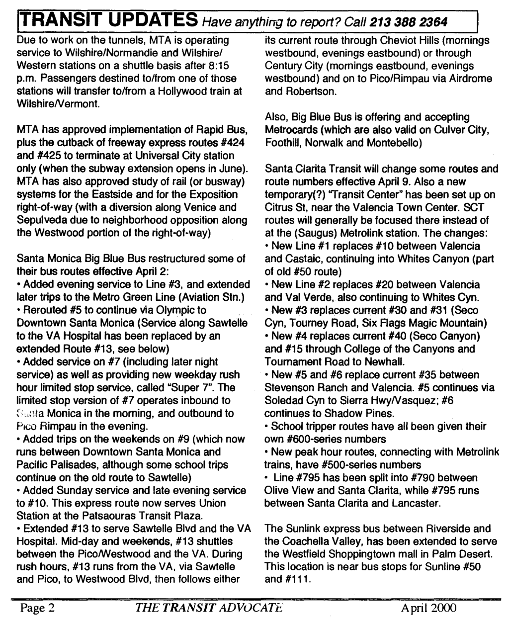 Cal/213 388 2364 Page 2 the TRANSIT ADVOCATE April 2000