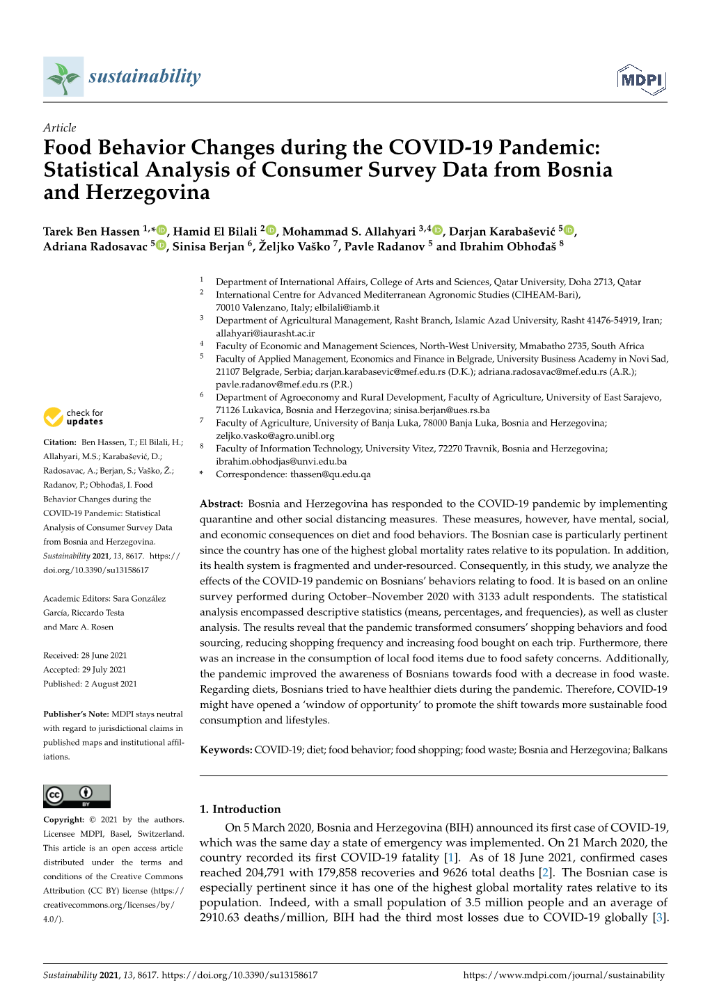 Food Behavior Changes During the COVID-19 Pandemic: Statistical Analysis of Consumer Survey Data from Bosnia and Herzegovina